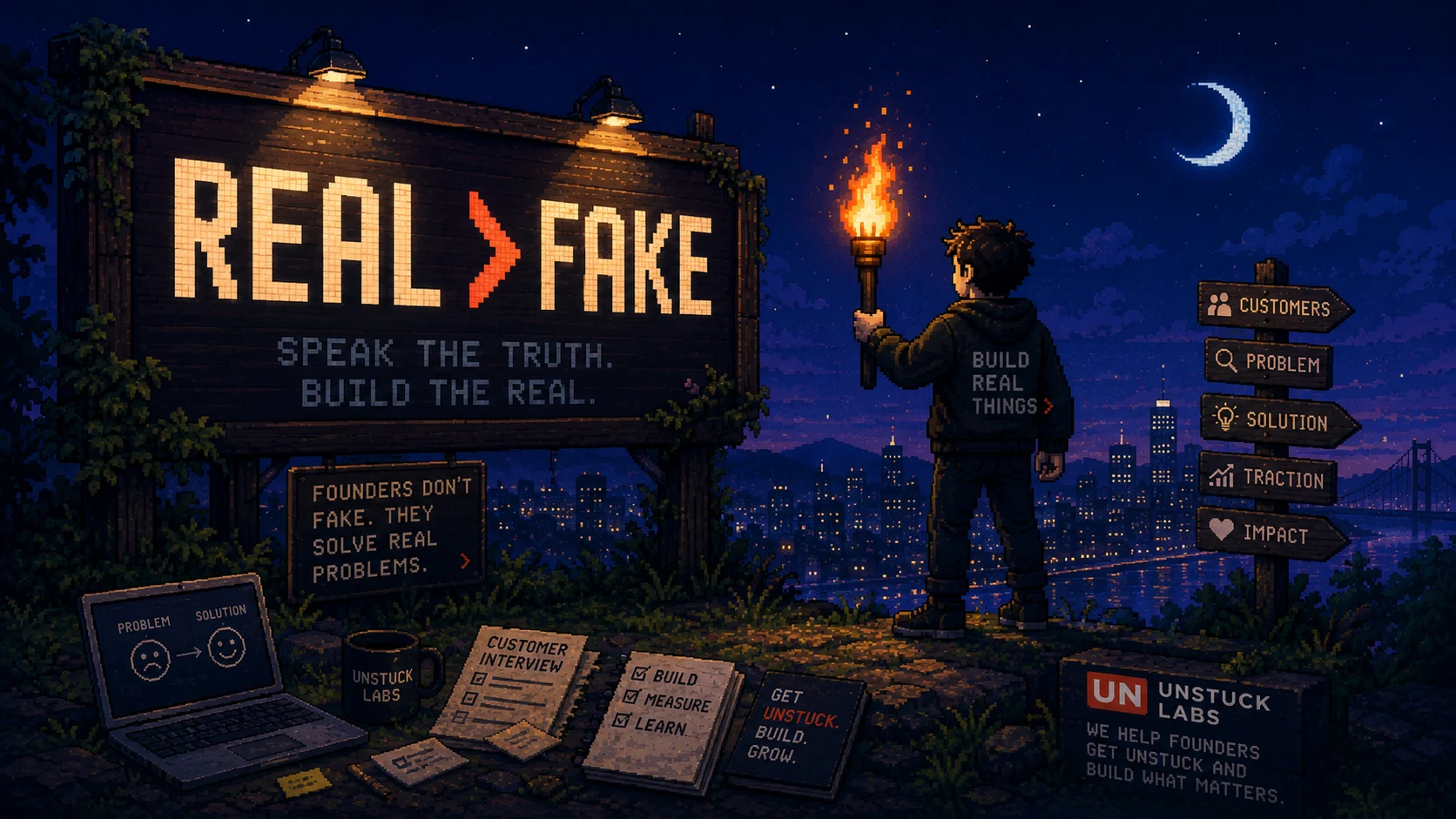Pixel art billboard reading REAL > FAKE above a founder building real things.