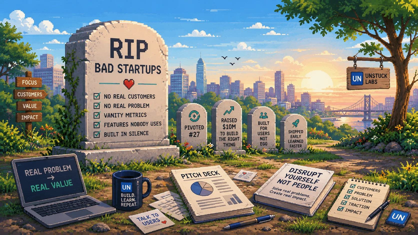 Pixel art startup graveyard with a headstone listing common reasons bad startups fail.