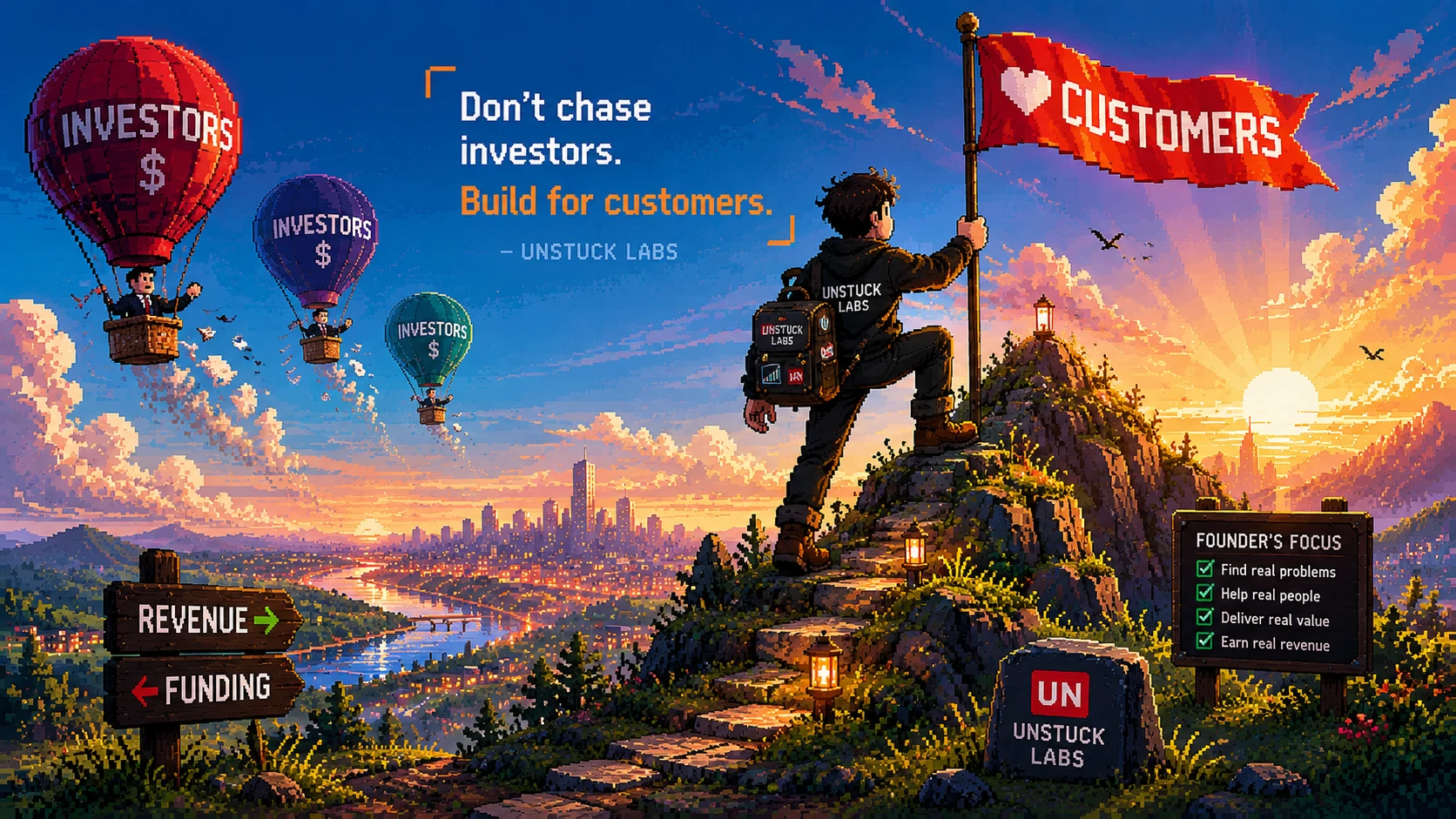 Pixel art founder holding a customers flag while investor balloons drift away.